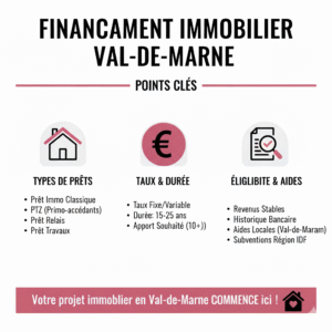 Infographie : points clés du financement immobilier dans le Val-de-Marne — mensualité, apport, PTZ, dossier et délais (2025).